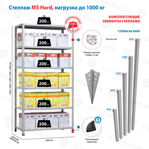 Стеллаж MS Hard 2200х1000х400, 4 полки